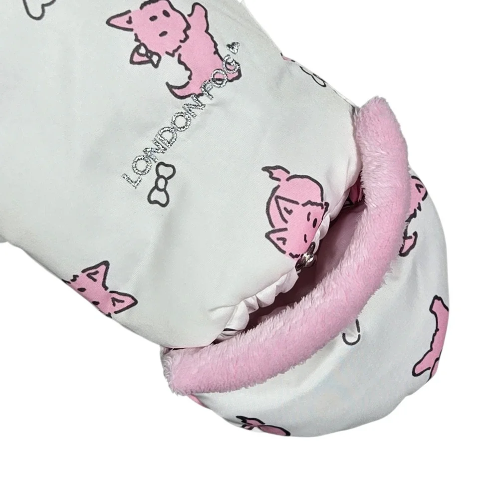 London Fog Puffer Bunting Bag Baby Girls 0-6M White Pink Dog Print Fleece Pram